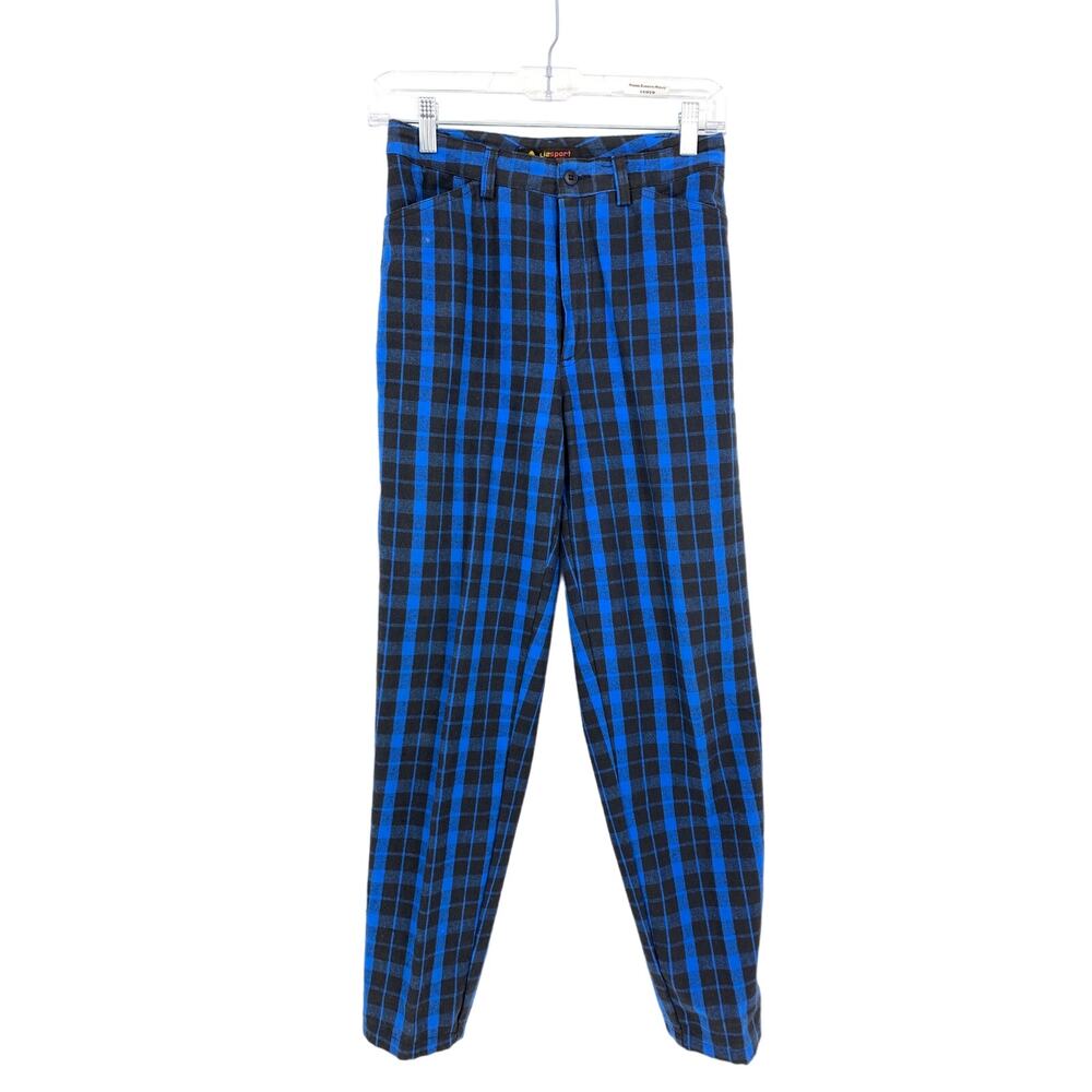 Vintage 90s LizSport Jeans Womens 26P Blue Black Plaid Tapered Leg